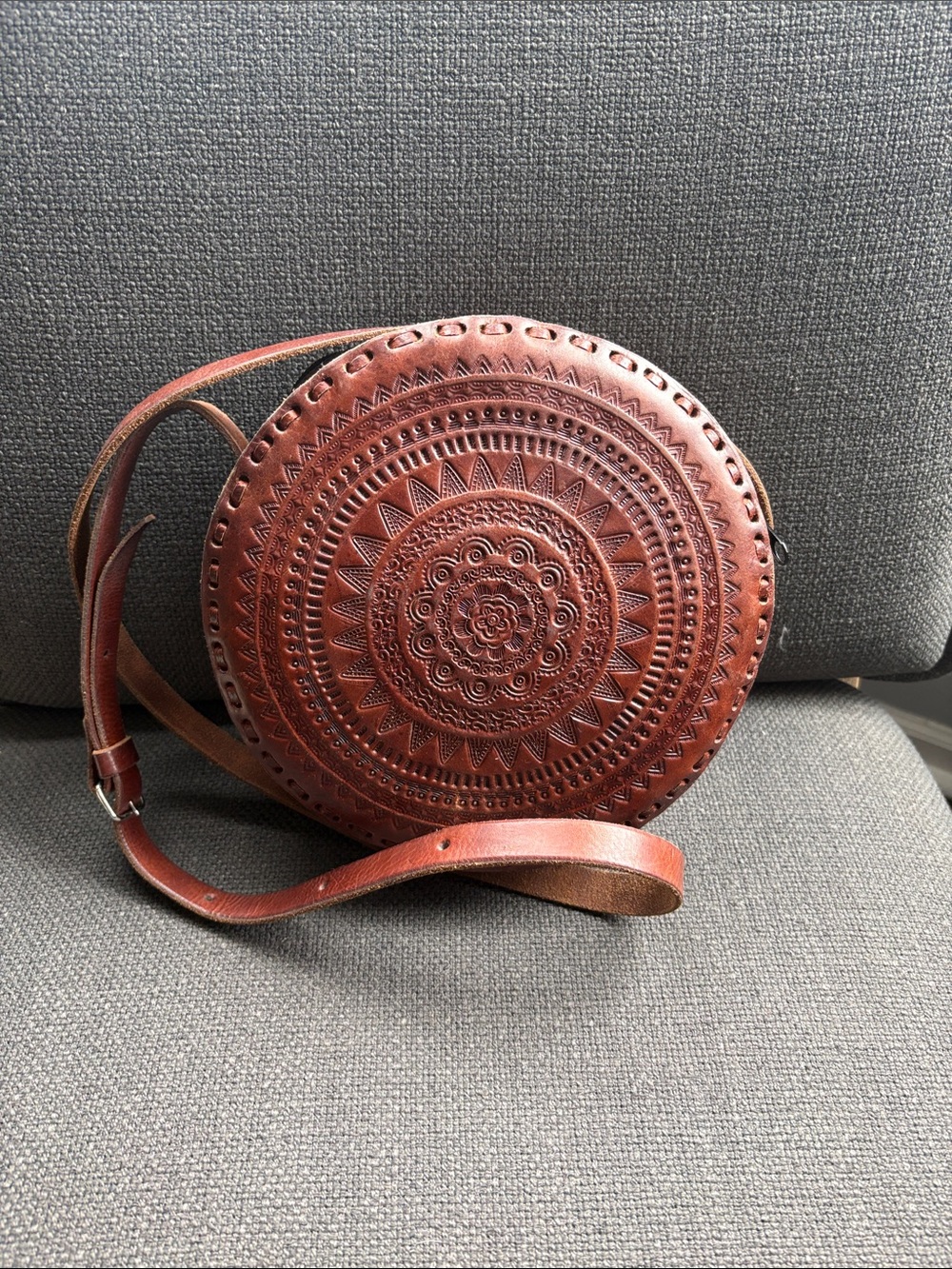 Anthropologie style Round Embossed Brown Leather Crossbody Bag